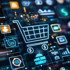 A sleek shopping cart icon filled with diverse global products, surrounded by floating currency symbols from around the world.