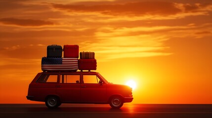 Patriotic road trip with a family car packed with luggage, American flag decals on the windows, Vibrant, Pop Art