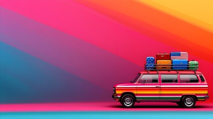 Patriotic road trip with a family car packed with luggage, American flag decals on the windows, Vibrant, Pop Art