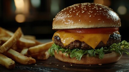 A close-up of a juicy cheeseburger with melted cheese, lettuce, tomato, and a sesame seed bun, served with crispy fries on the side,