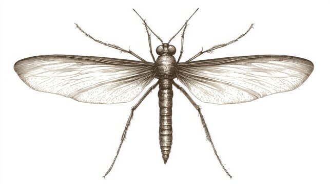 A retro-style drawing of a sandfly, with detailed wings and elongated body rendered in sepia tones, isolated on a white background