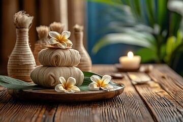 Obraz premium Spa still life featuring herbal bundles, candles, and flowers, creating a serene and tranquil atmosphere for relaxation.