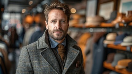 Fototapeta premium A man in a stylish coat stands confidently in a vintage clothing store filled with hats and accessories. Generative AI