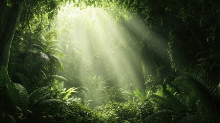 Rainforest with thick foliage and towering trees, offering a lush, green environment with clear copy space for text or messaging