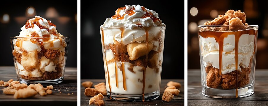 Layered ice cream parfait with chunks of beignet and taffy pieces, topped with whipped cream and caramel drizzle, ice cream parfait beignets taffy, layered dessert indulgence