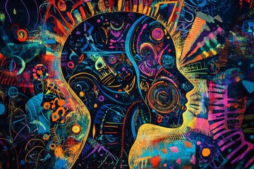 Obraz premium Vibrant abstract art depicting a human head filled with colorful patterns and surrealistic designs. Perfect for creativity and imagination themes.