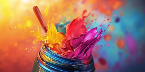 Color Explosion: A vibrant eruption of paint from a jar, capturing the essence of creativity and...