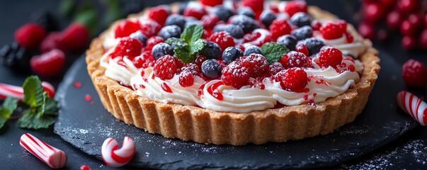 Peppermint tart topped with crepe curls and crushed candy canes