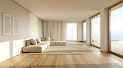Fototapeta premium Living Room Design: White Walls and Ceilings, Minimalist Furniture.