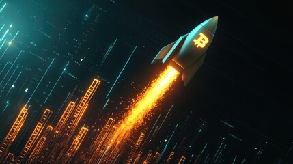 Rocketing Bitcoin: Bitcoin price graph featuring a rocket symbol and a steep upward trend line, highlighting the explosive growth in the cryptocurrency market, with a blank area for adding text.