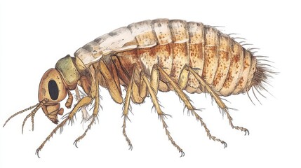 An old-fashioned illustration of a flea, with emphasis on its textured exoskeleton and long legs, isolated on a white background