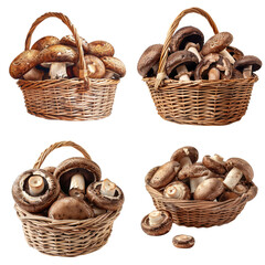 Four Wicker Baskets Filled with Brown Mushrooms
