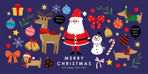 Merry Christmas and happy new year with Santa Claus, snowman and deer. Holiday cartoon character in winter season. -Vector