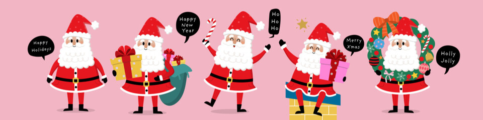 Merry Christmas and happy new year with Santa Claus, snowman and deer. Holiday cartoon character in winter season. -Vector