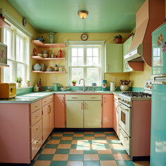 Colorful vintage-style kitchen with pastel hues and retro decor