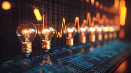 Row of light bulbs with illuminated filaments against a backdrop of digital graphs representing innovation, technology, and data analysis.