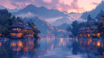 Fototapeta premium Serene Mountain Village Illuminated at Twilight with Scenic Reflections on Lake