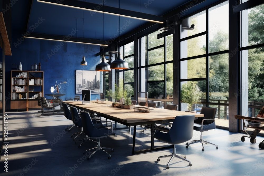 Wall mural industrial elegance modern office in light black and indigo with activist spirit