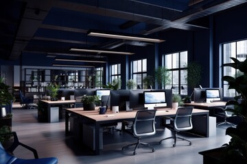 Modern Workspace Dynamics Light Indigo and Dark Black Office Design