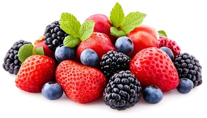 Assorted Fresh Ripe Fruits and Berries on White Background