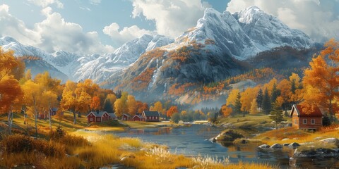 Picturesque Autumnal Landscape with Majestic Mountains Cozy Cabins and Tranquil River