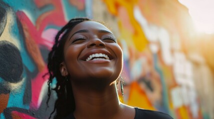 Obraz premium A woman smiling brightly in front of a colorful wall