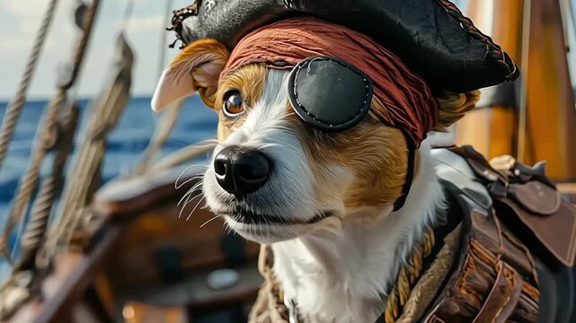 A dog dressed as a pirate, wearing a hat, eyepatch, and bandana, on a ship with the sea in the background