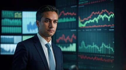 Fototapeta premium Serious Entrepreneur Scrutinizing Financial Information on Various Glowing Displays 