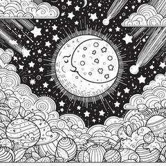 A scene of a night sky filled with stars, planets, and a large crescent moon vector