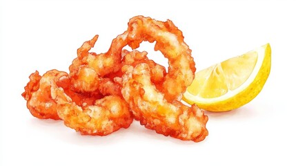 A piece of fried calamari with lemon wedge in watercolor style, isolated on white background