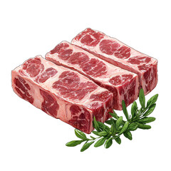 Fototapeta premium Delicious Cuts of Beef: A Close-Up Look at Three Beautifully Marbled Pieces of Meat Surrounded by Fresh Green Herbs, Perfect for Culinary Inspiration and Cooking Adventures.