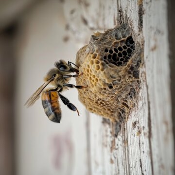 A small bee nest carefully built on a wooden surface, with a worker bee tending to it, the rough texture of the wood contrasting with the fragile structure of the nest