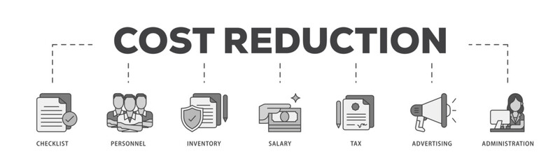 Cost reduction icon infographic illustration concept with icon of checklist, personnel, inventory, salary, tax, advertising and administration icon live stroke and easy to edit 