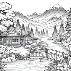 Naklejka premium A serene scene of mist-covered mountains, with a winding river vector