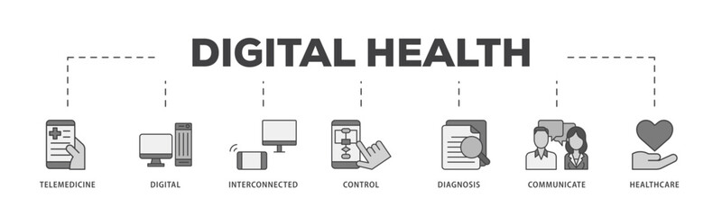 Digital health icon infographic illustration concept with icon of e health, telemedicine, interconnected, smartwatch, diagnosis, email, and medical app icon live stroke and easy to edit 
