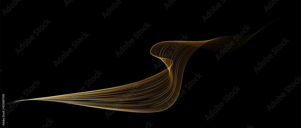 Poster Abstract vector wavy lines flowing smooth curve gold gradient color on black background in concept of luxury, technology, science, music, modern.