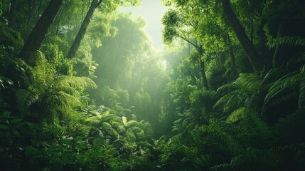 Fototapeta premium Towering trees and thick foliage of a lush rainforest, creating a vibrant green landscape with ample space for text or graphics.