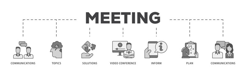 Meeting icon infographic illustration concept with icon of communications, topics, solutions, plan, inform and video conference  icon live stroke and easy to edit 