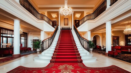 Opulent Grand Staircase with Red Carpet in Luxurious Hotel Lobby Interior