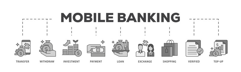 Mobile banking icon infographic illustration concept with icon of transfer, withdraw, investment, payment, loan, exchange, shopping, verified and top up icon live stroke and easy to edit 