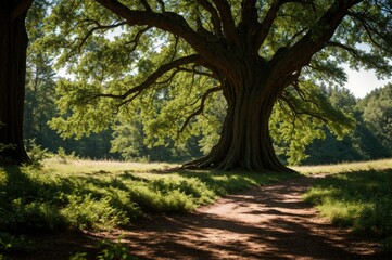 Obraz premium Protective ancient tree offers shade on a sunlit forest pathway