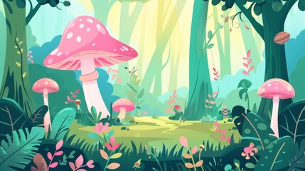 Obraz premium Enchanting forest scene with large pink mushrooms and lush green