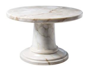 White marble display table with a round base and natural veining, ideal for modern interiors or luxury decor settings. Polished and stylish for a refined look. Isolated on transparent background, png.