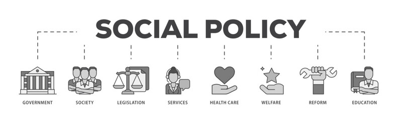 Social policy icon infographic illustration concept with icon of education, reform, services, welfare, health care ,legislation, society, government icon live stroke and easy to edit 
