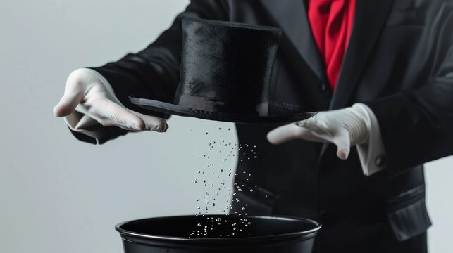 Magician showing magic trick with top hat on white background, closeup