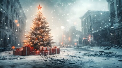 Christmas Tree with Presents Amidst a War Zone Winter Landscape