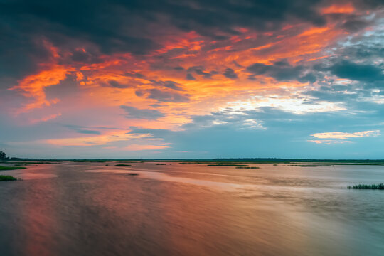 View of Bogue Sound from the dock at Emerald Isle Woods Park at sunset