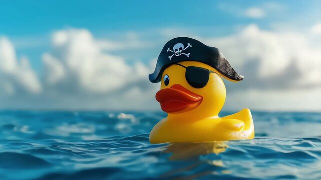 a yellow rubber duck wearing a pirate hat and an eye patch, floating in the blue ocean