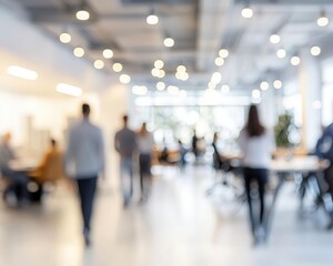 A modern business office with blurred people in casual wear, set against a softly blurred bokeh background, capturing a dynamic and relaxed work environment