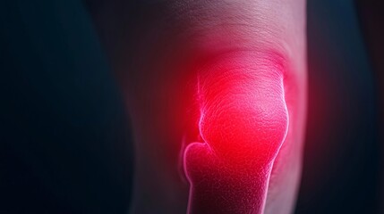 Closeup of knee pain, red glowing joint, dark background, high detail medical visualization